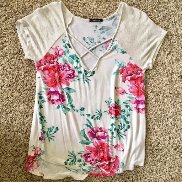 Floral V-neck T-shirt Tropical Tee - Picture 2 of 3